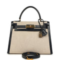 New Hermes Kelly Sellier 28 Bleu Marine Box and Beige-Ecru Toile H Canvas Gold Hardware