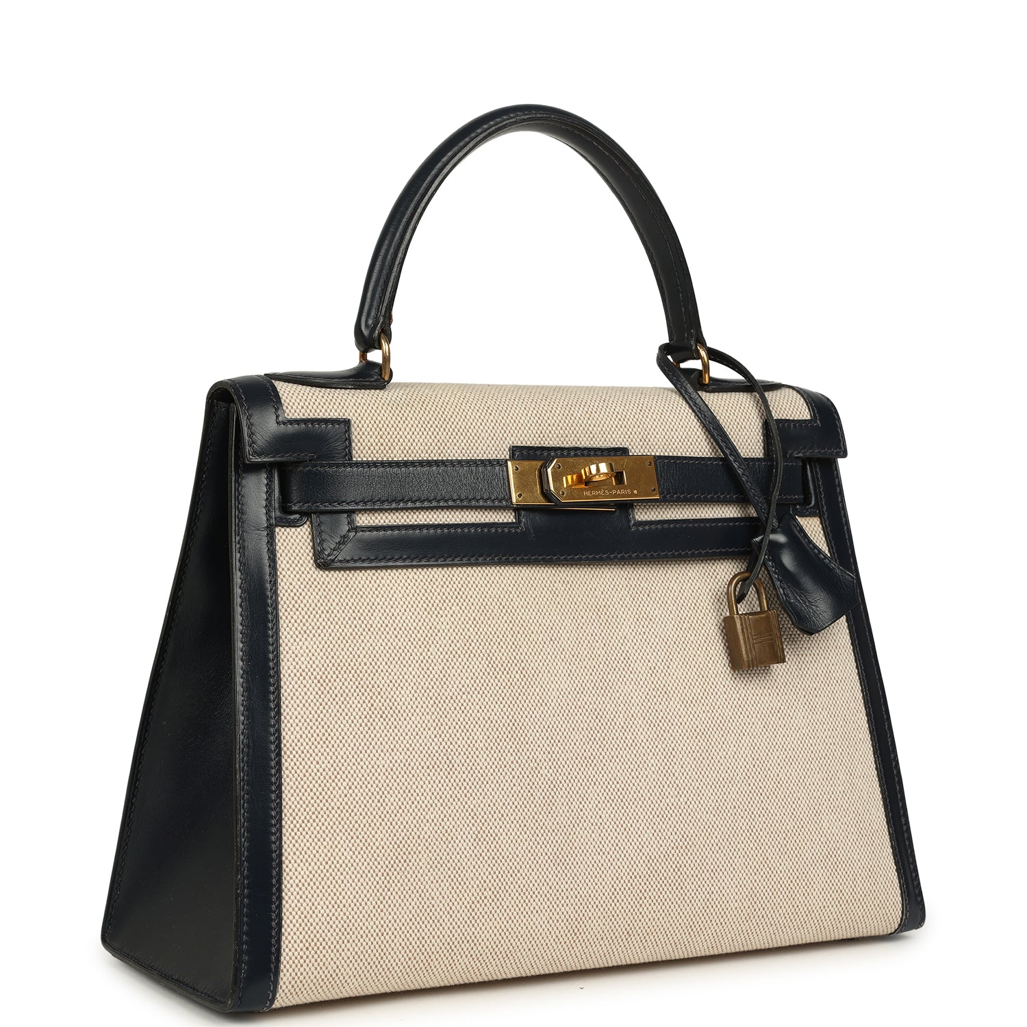 New Hermes Kelly Sellier 28 Bleu Marine Box and Beige-Ecru Toile H Canvas Gold Hardware