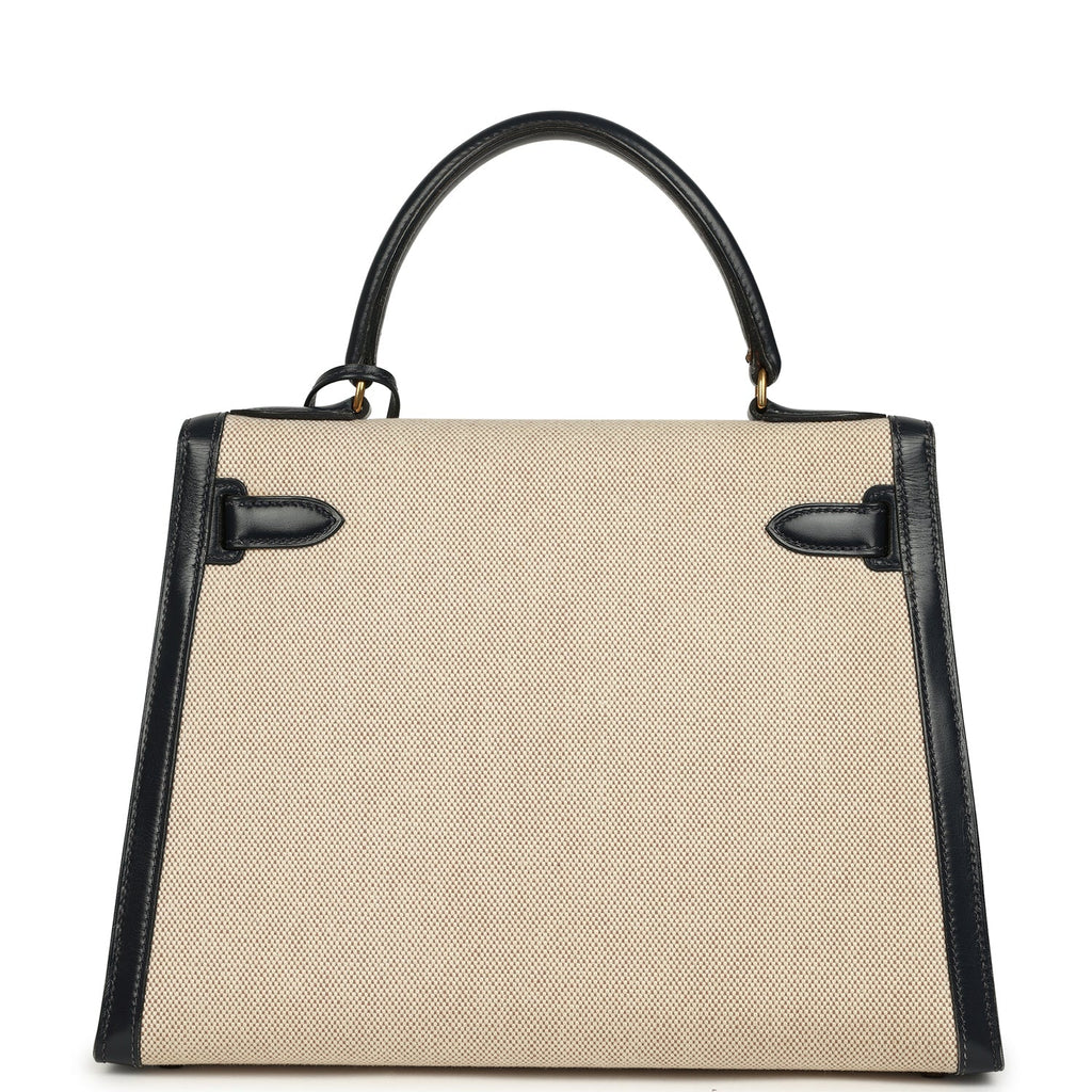 New Hermes Kelly Sellier 28 Bleu Marine Box and Beige-Ecru Toile H Canvas Gold Hardware
