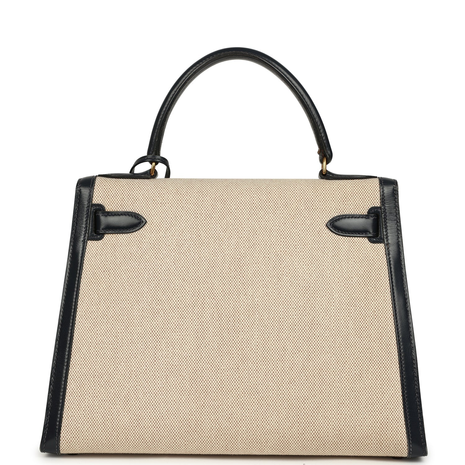 New Hermes Kelly Sellier 28 Bleu Marine Box and Beige-Ecru Toile H Canvas Gold Hardware