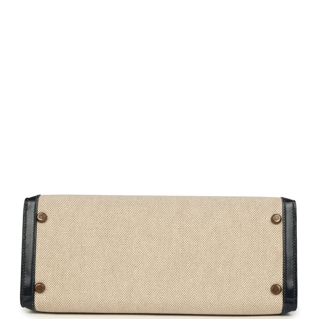 New Hermes Kelly Sellier 28 Bleu Marine Box and Beige-Ecru Toile H Canvas Gold Hardware