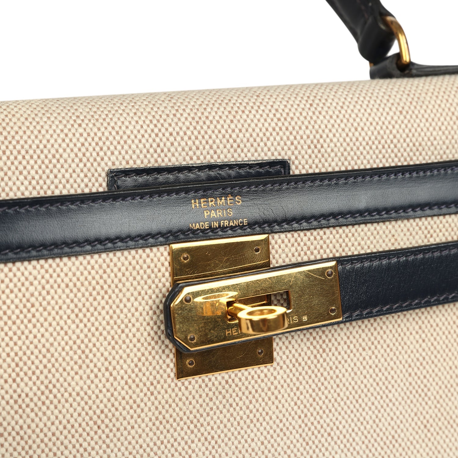New Hermes Kelly Sellier 28 Bleu Marine Box and Beige-Ecru Toile H Canvas Gold Hardware