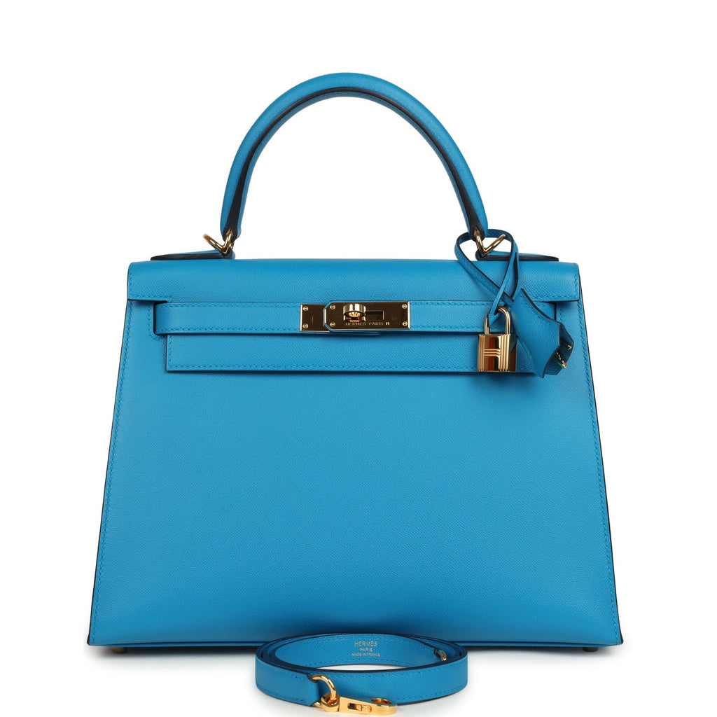 Pre-owned Hermes Kelly Sellier 28 Bleu Frida Madame Gold Hardware