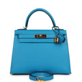 Pre-owned Hermes Kelly Sellier 28 Bleu Frida Madame Gold Hardware