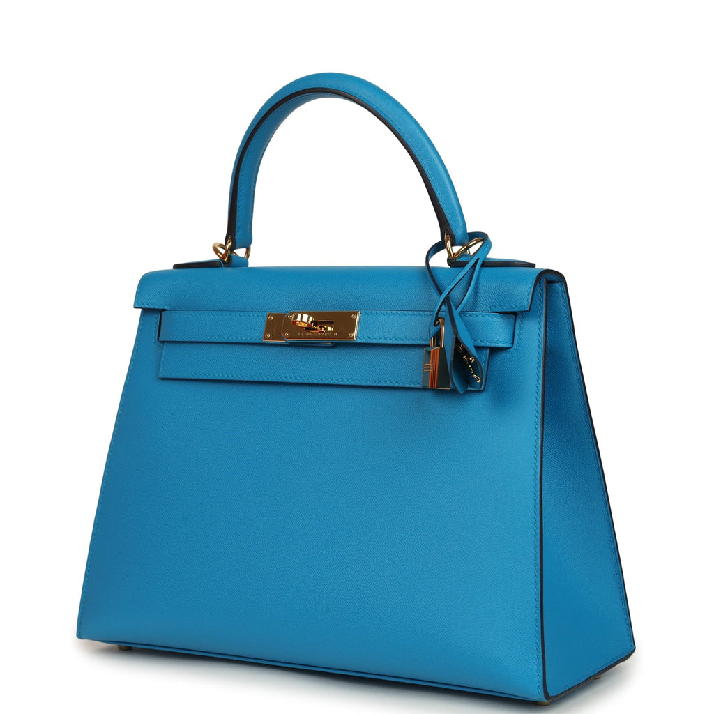 Pre-owned Hermes Kelly Sellier 28 Bleu Frida Madame Gold Hardware