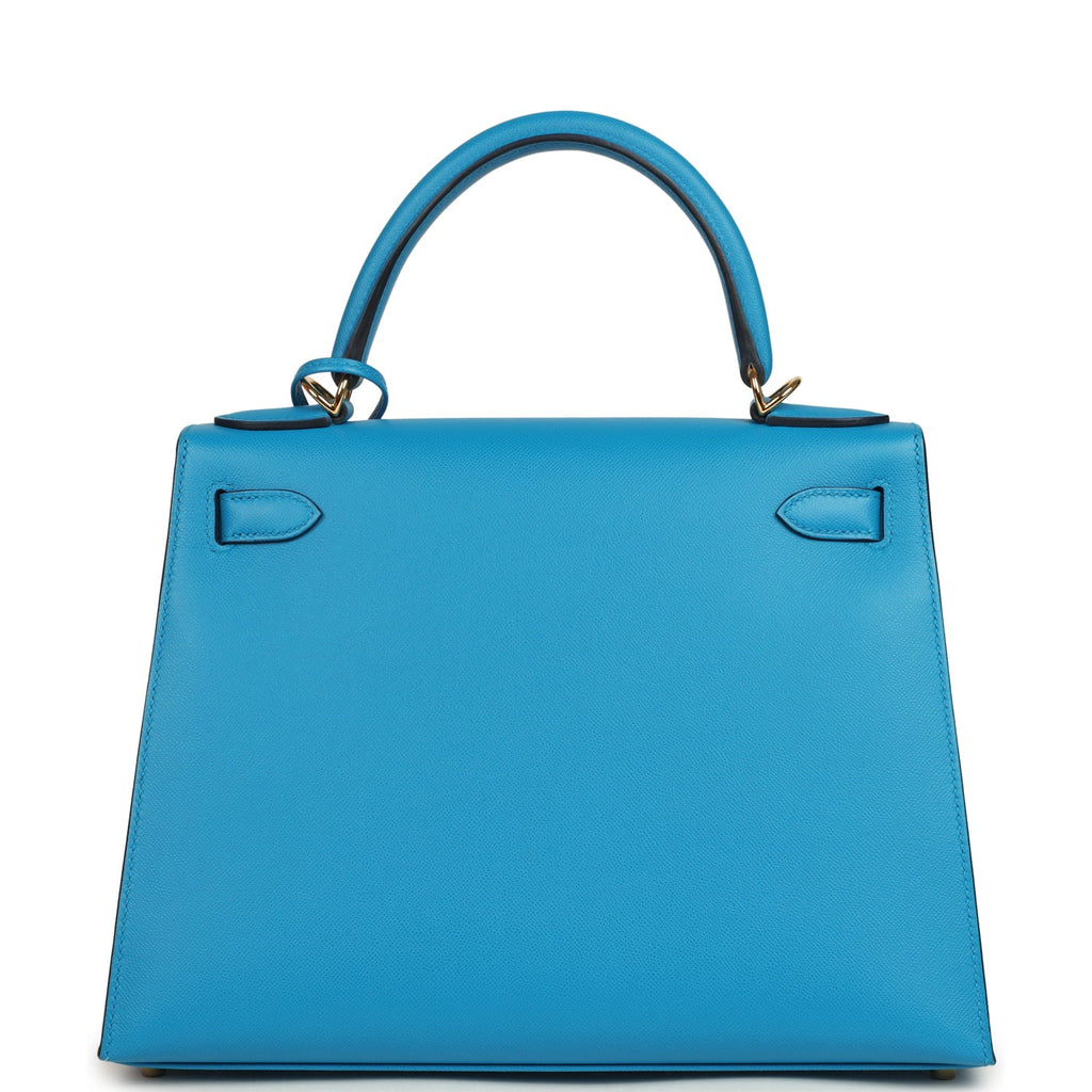 Pre-owned Hermes Kelly Sellier 28 Bleu Frida Madame Gold Hardware