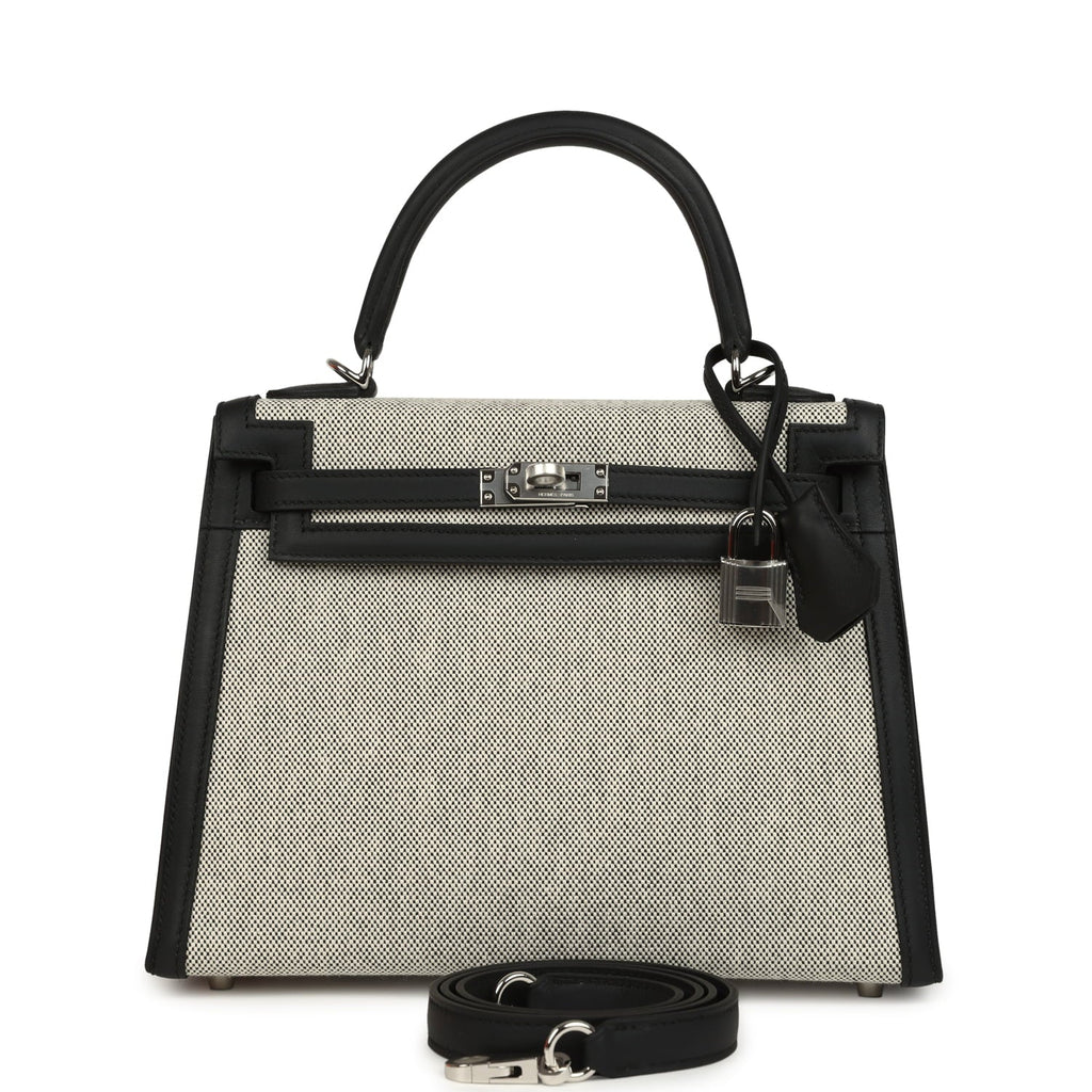 Hermes Kelly Sellier 25 Ecru & Black Toile H Canvas and Black Swift Palladium Hardware