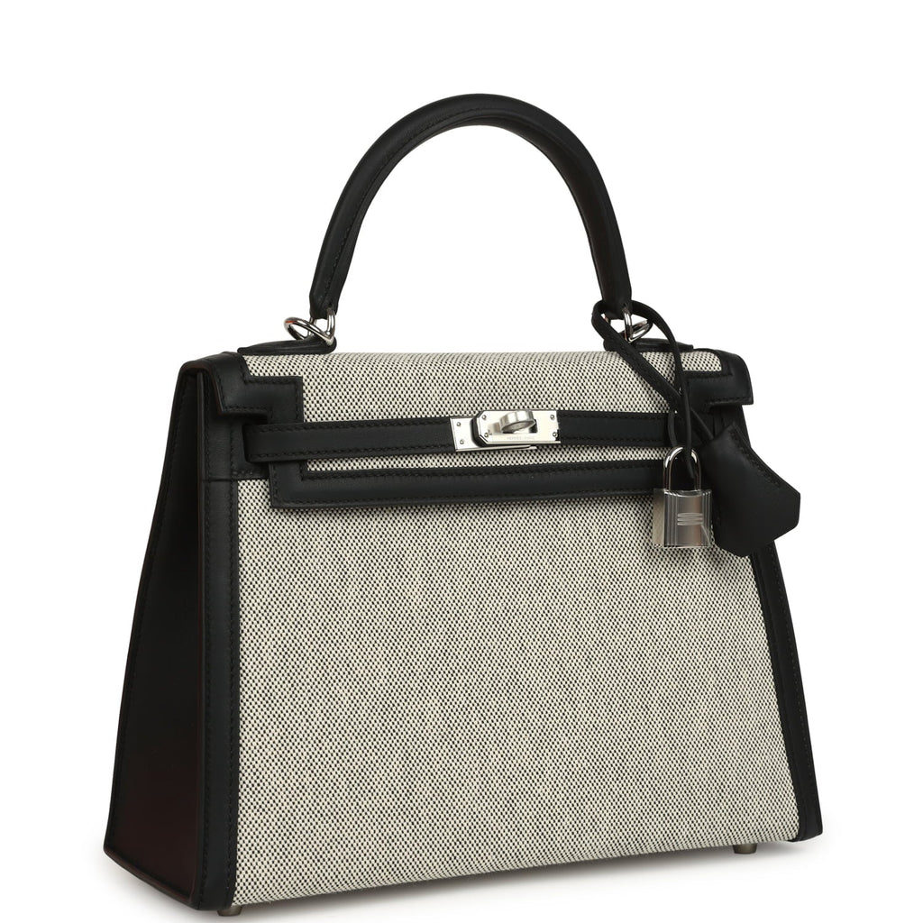 Hermes Kelly Sellier 25 Ecru & Black Toile H Canvas and Black Swift Palladium Hardware