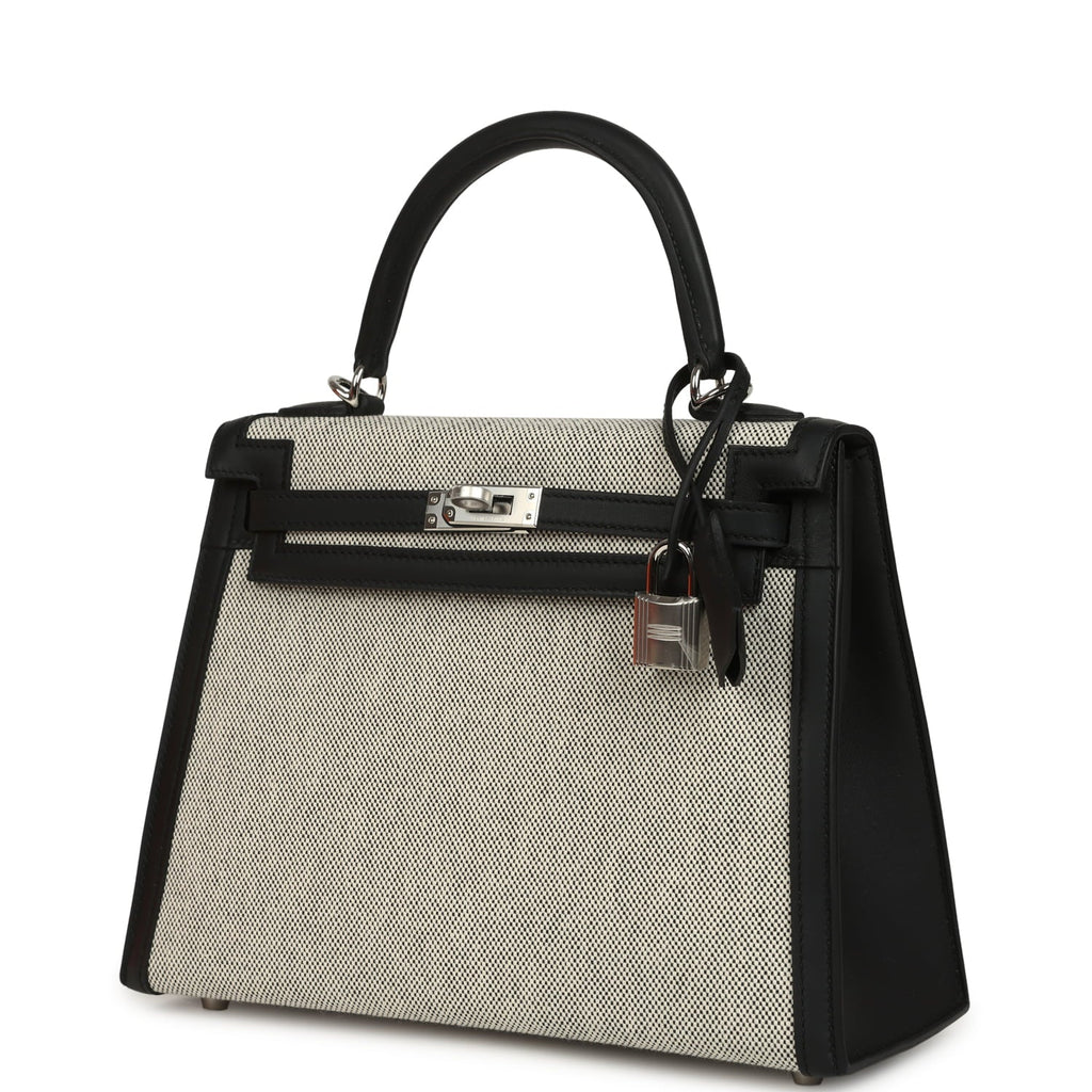 Hermes Kelly Sellier 25 Ecru & Black Toile H Canvas and Black Swift Palladium Hardware