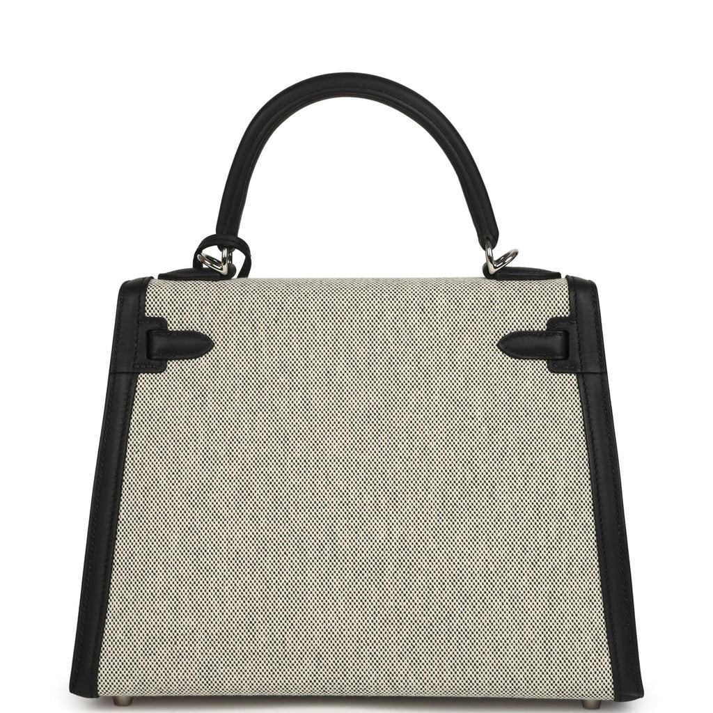 Hermes Kelly Sellier 25 Ecru & Black Toile H Canvas and Black Swift Palladium Hardware