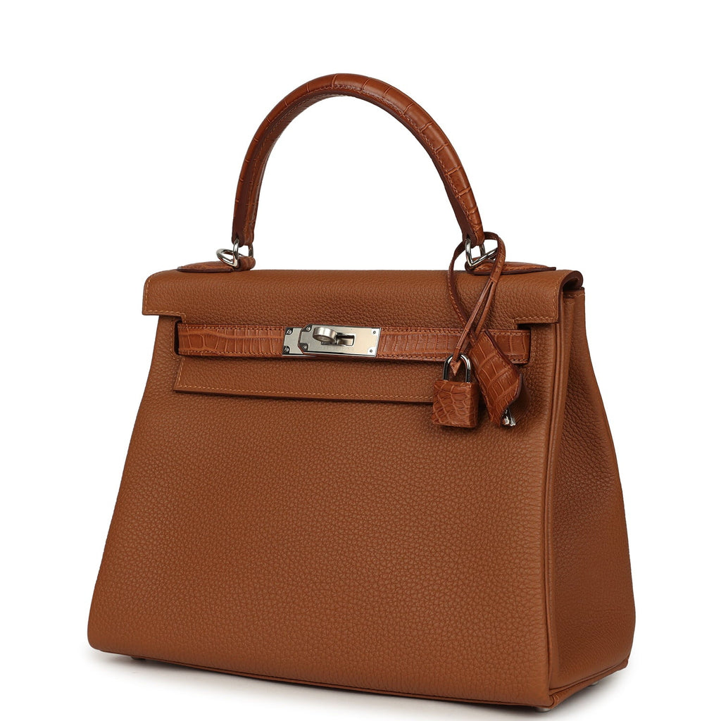Hermes Kelly Retourne 28 Gold Togo and Matte Porosus Crocodile Touch Palladium Hardware