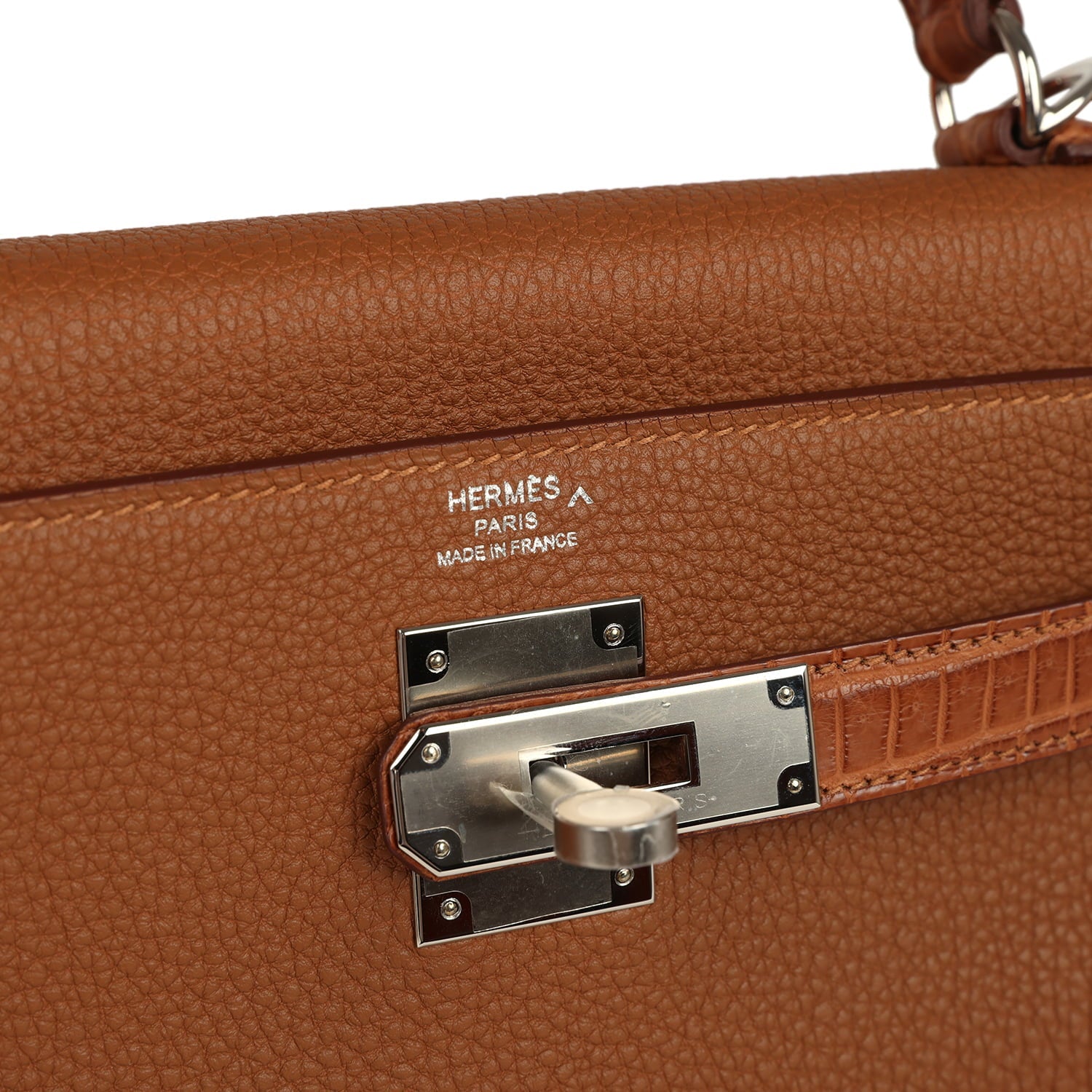 Hermes Kelly Retourne 28 Gold Togo and Matte Porosus Crocodile Touch Palladium Hardware
