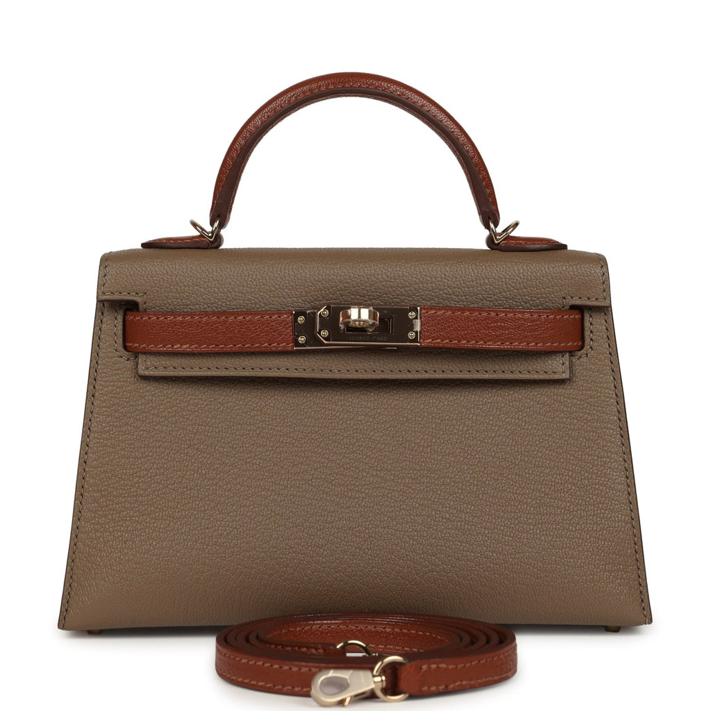 Hermes Special Order (HSS) Kelly Sellier 20 Etoupe and Havane Chevre Mysore Permabrass Hardware