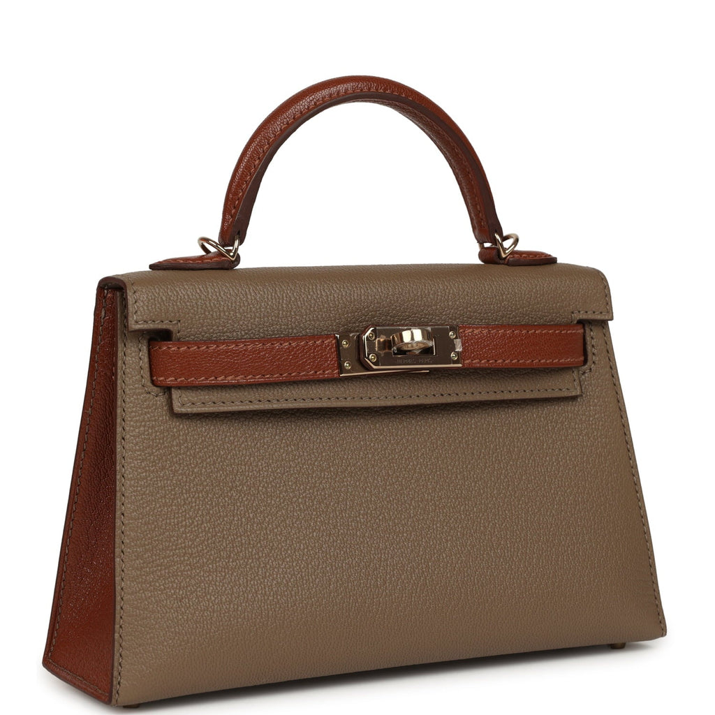 Hermes Special Order (HSS) Kelly Sellier 20 Etoupe and Havane Chevre Mysore Permabrass Hardware