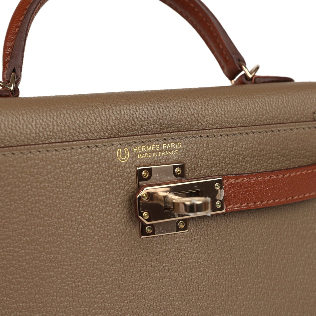 Hermes Special Order (HSS) Kelly Sellier 20 Etoupe and Havane Chevre Mysore Permabrass Hardware