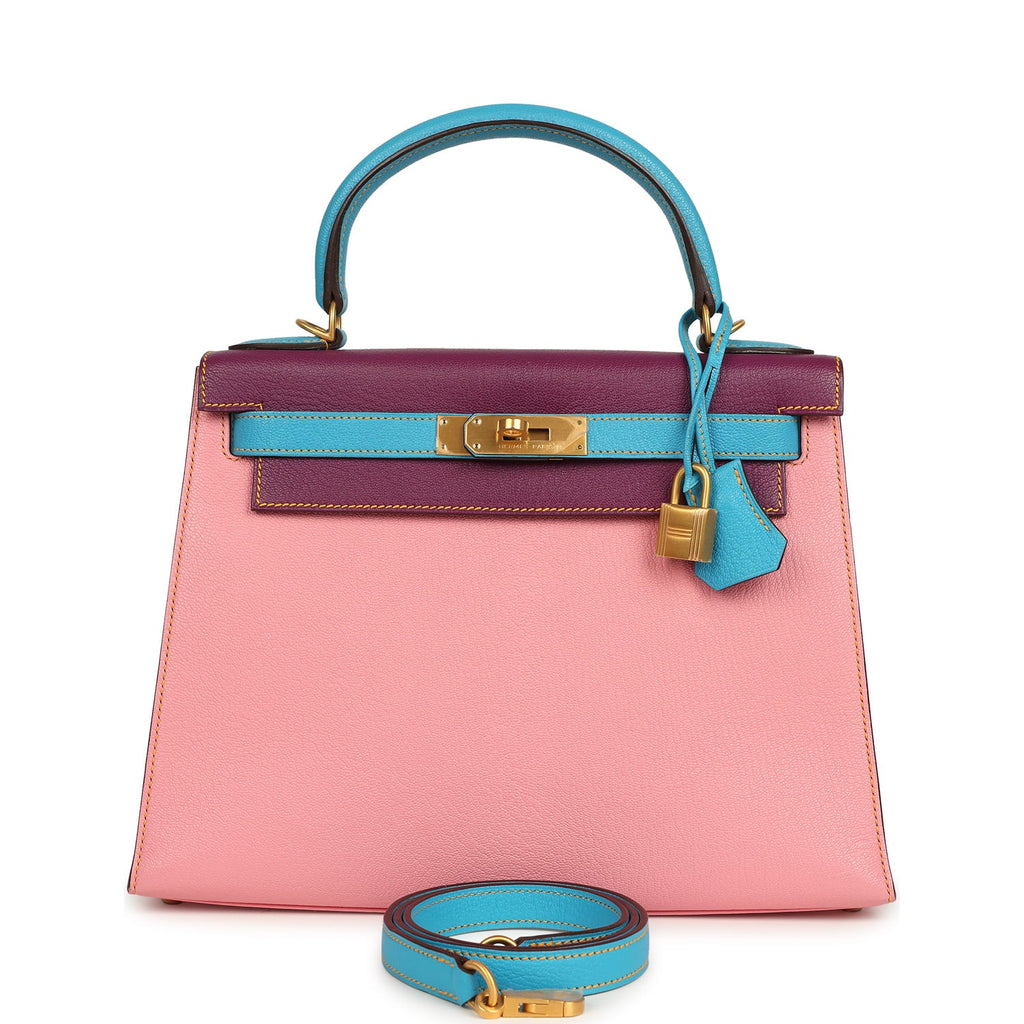 New Hermes Special Order (HSS) Kelly Sellier 28 Rose Confetti, Anemone and Bleu Aztec Chevre Mysore Brushed Gold Hardware