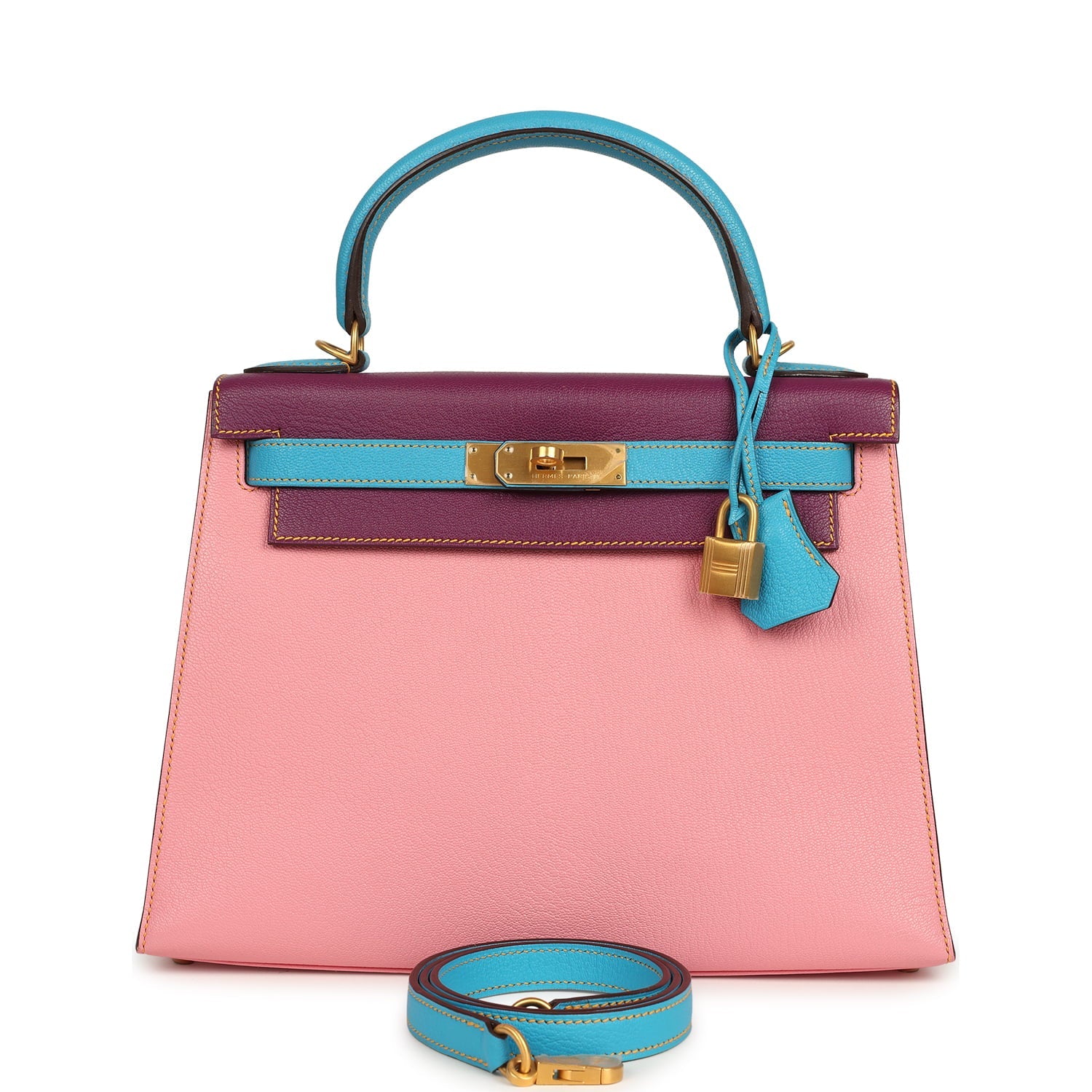 New Hermes Special Order (HSS) Kelly Sellier 28 Rose Confetti, Anemone and Bleu Aztec Chevre Mysore Brushed Gold Hardware