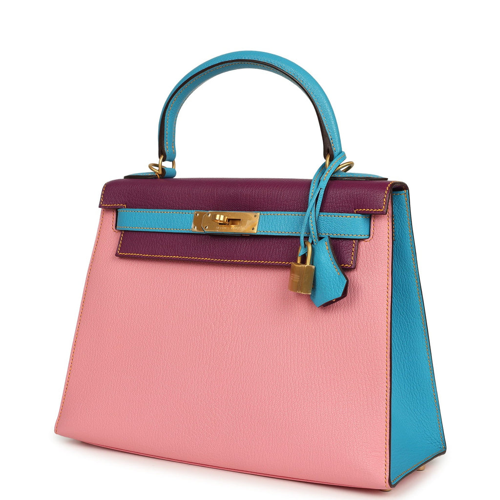 Pre-owned Hermes Special Order (HSS) Kelly Sellier 28 Rose Confetti, Anemone and Bleu Aztec Chevre Mysore Brushed Gold Hardware