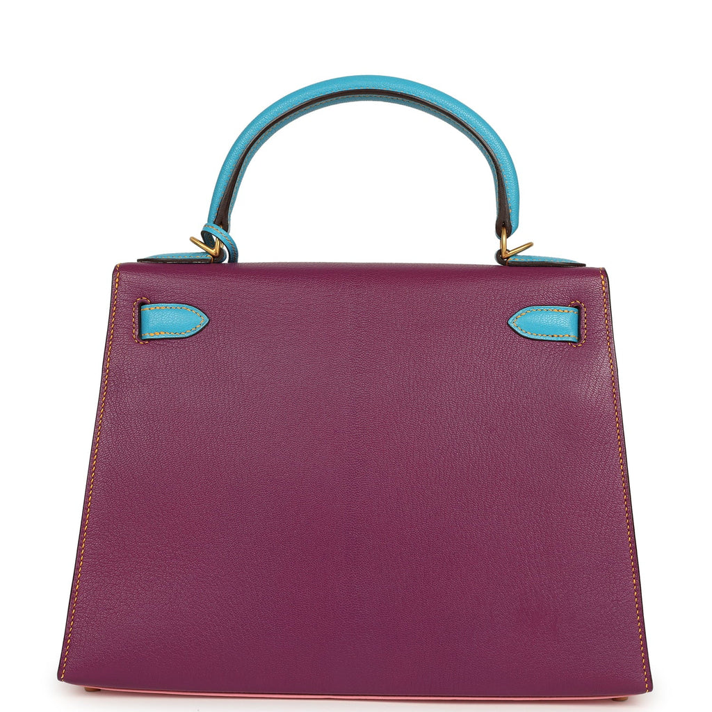 New Hermes Special Order (HSS) Kelly Sellier 28 Rose Confetti, Anemone and Bleu Aztec Chevre Mysore Brushed Gold Hardware