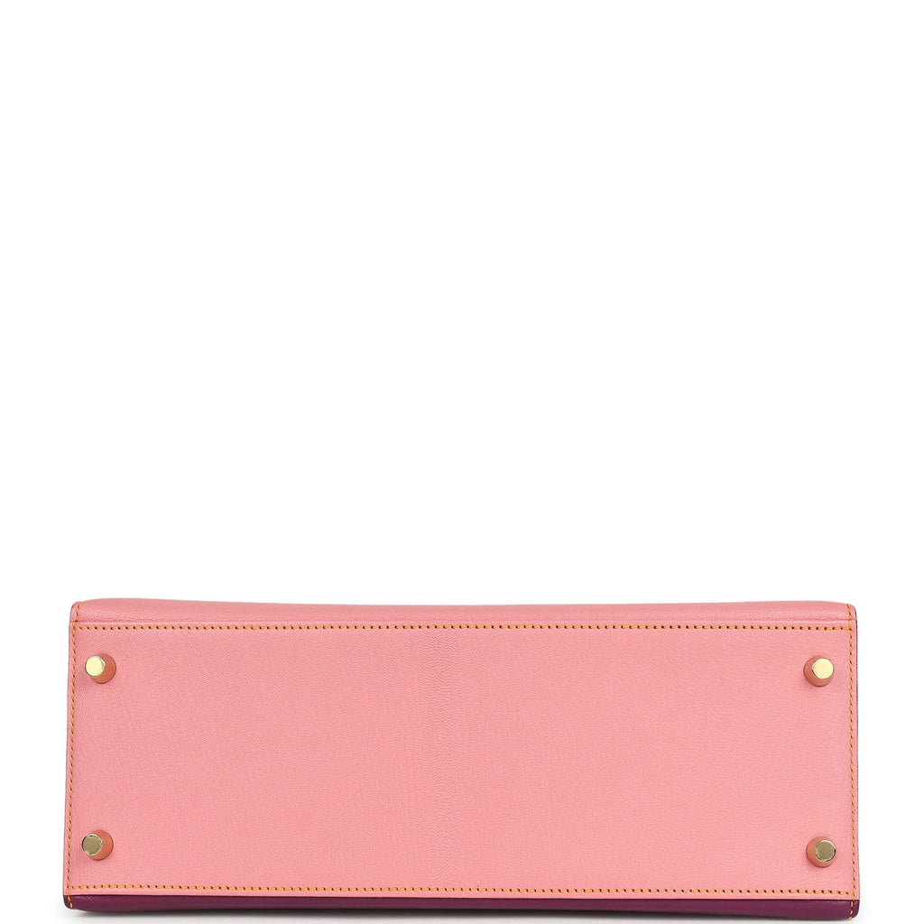Pre-owned Hermes Special Order (HSS) Kelly Sellier 28 Rose Confetti, Anemone and Bleu Aztec Chevre Mysore Brushed Gold Hardware