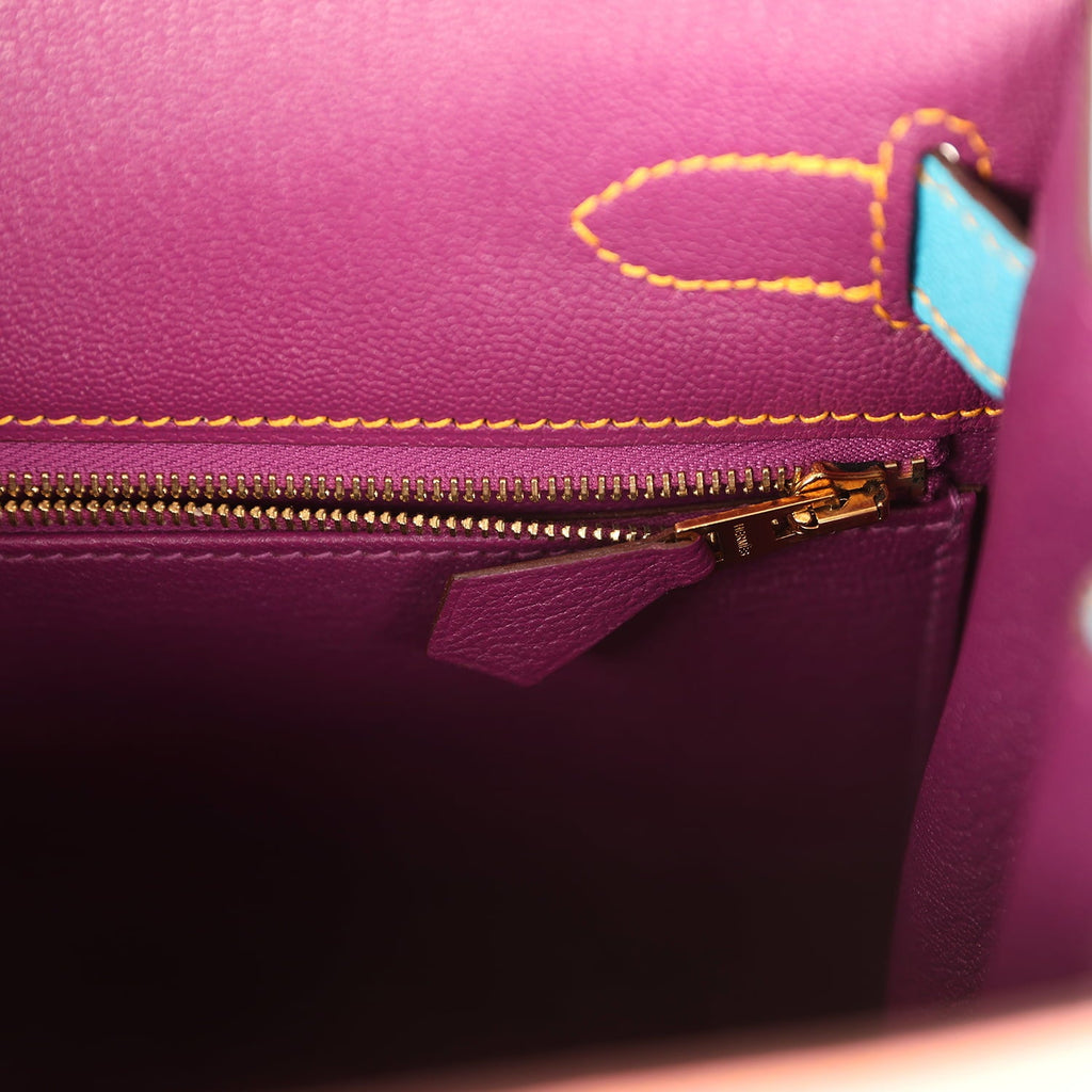 New Hermes Special Order (HSS) Kelly Sellier 28 Rose Confetti, Anemone and Bleu Aztec Chevre Mysore Brushed Gold Hardware