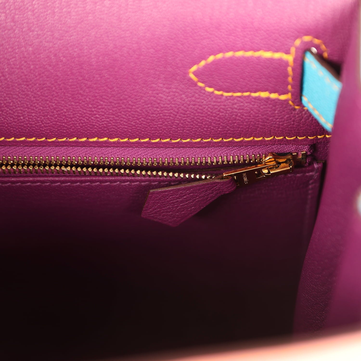 New Hermes Special Order (HSS) Kelly Sellier 28 Rose Confetti, Anemone and Bleu Aztec Chevre Mysore Brushed Gold Hardware