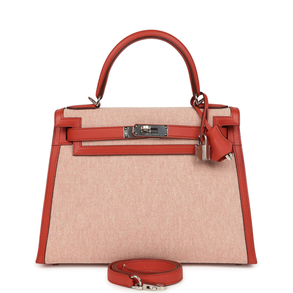 Hermes Kelly Sellier 28 Sanguine Swift and Ecru-Sanguine Toile H Canvas Palladium Hardware
