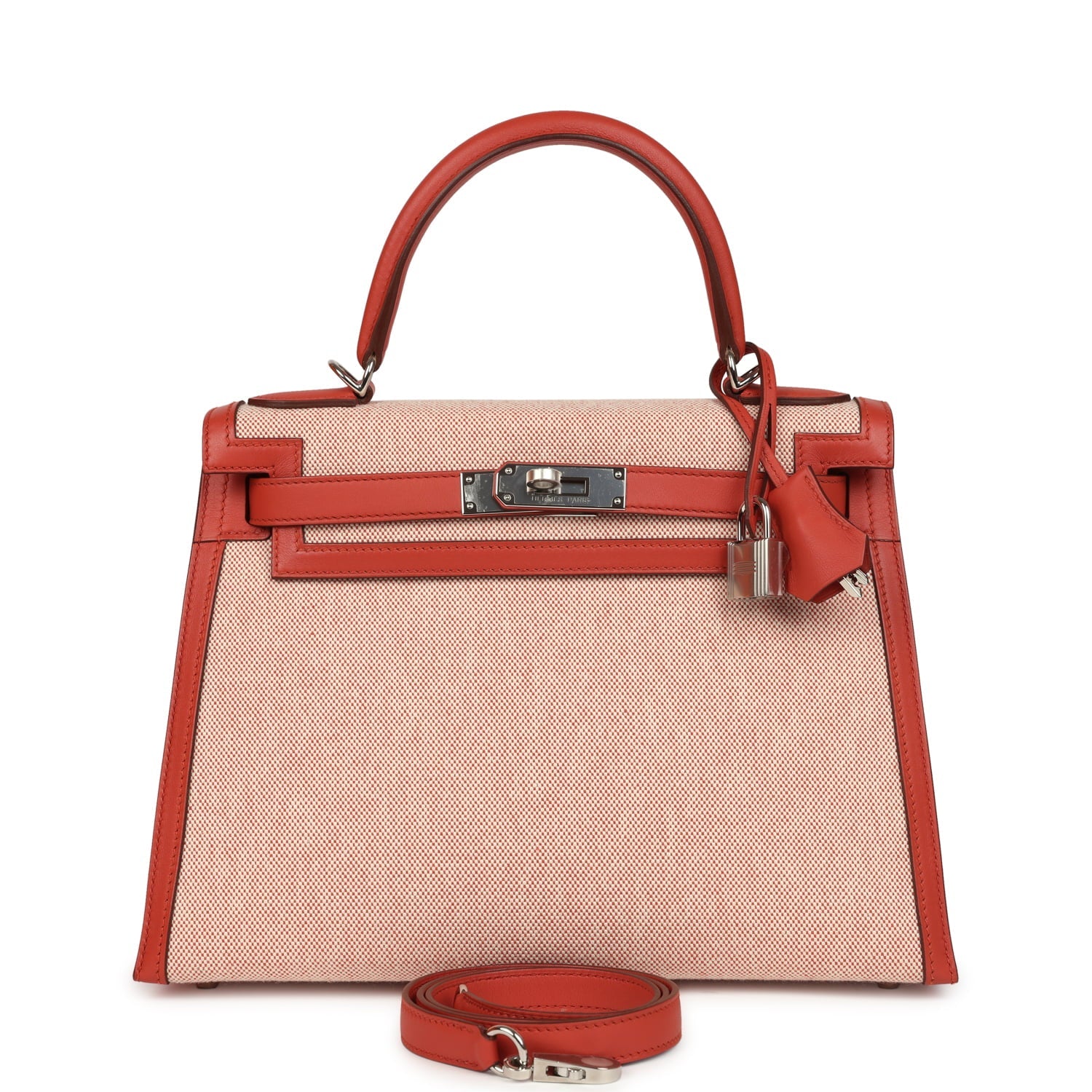 Hermes Kelly Sellier 28 Sanguine Swift and Ecru-Sanguine Toile H Canvas Palladium Hardware