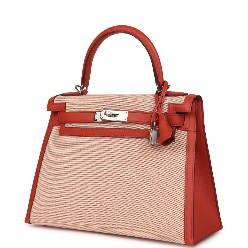 Hermes Kelly Sellier 28 Sanguine Swift and Ecru-Sanguine Toile H Canvas Palladium Hardware