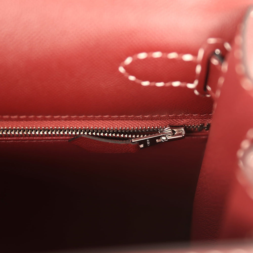 Pre-owned Hermes "Miss You" Kelly Sellier 28 Rouge H Monsieur Palladium Hardware