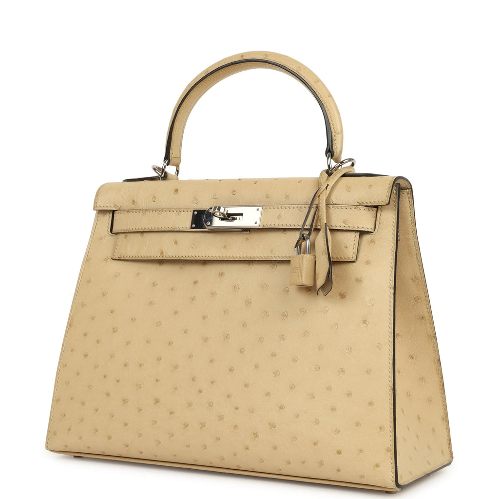 Pre-owned Hermes Kelly Sellier 28 Parchemin Ostrich Palladium Hardware