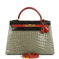 Pre-owned Hermes Special Order (HSS) Kelly Sellier 32 Graphite, Gris Tourterelle and Geranium Shiny Niloticus Crocodile Brushed Gold Hardware