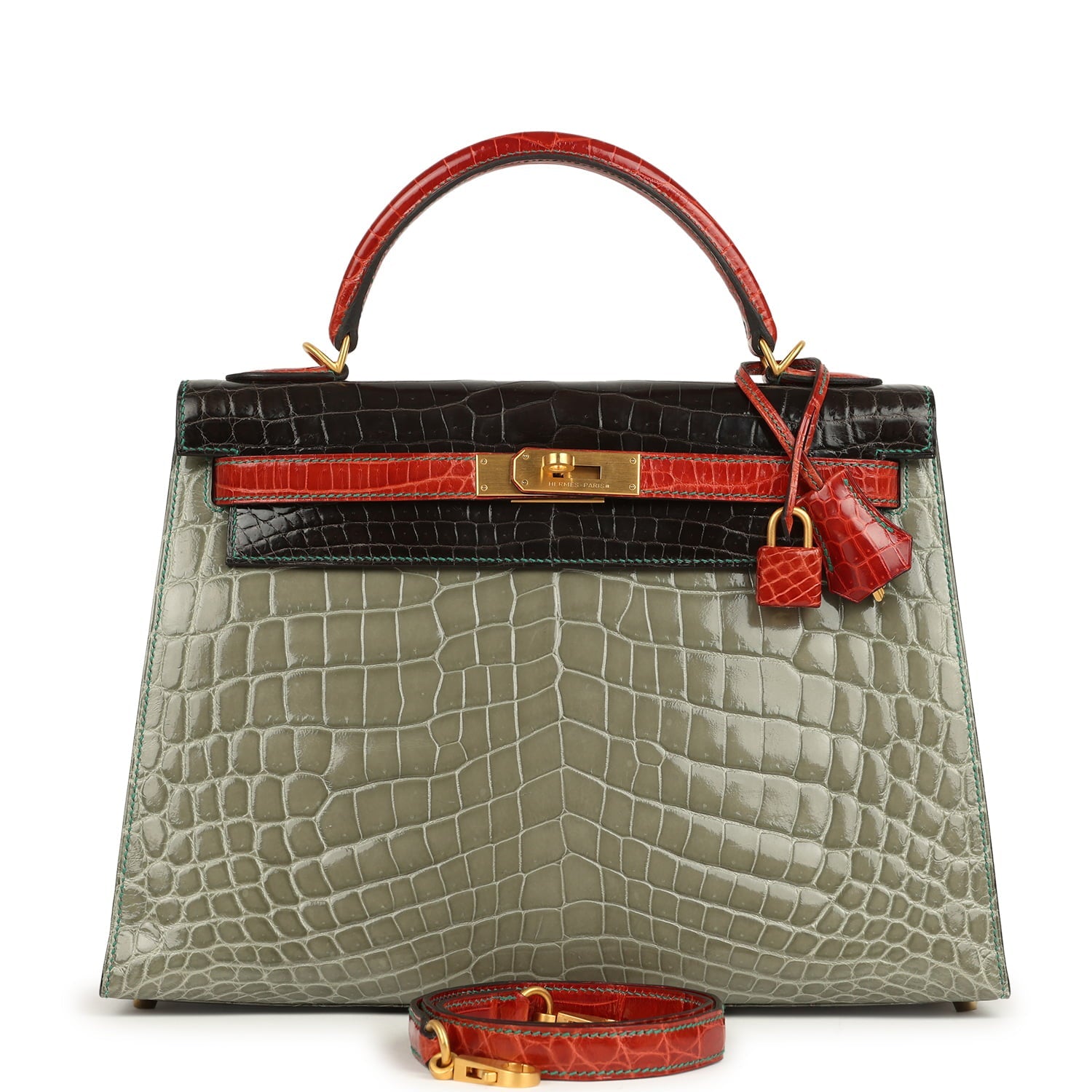 Pre-owned Hermes Special Order (HSS) Kelly Sellier 32 Graphite, Gris Tourterelle and Geranium Shiny Niloticus Crocodile Brushed Gold Hardware