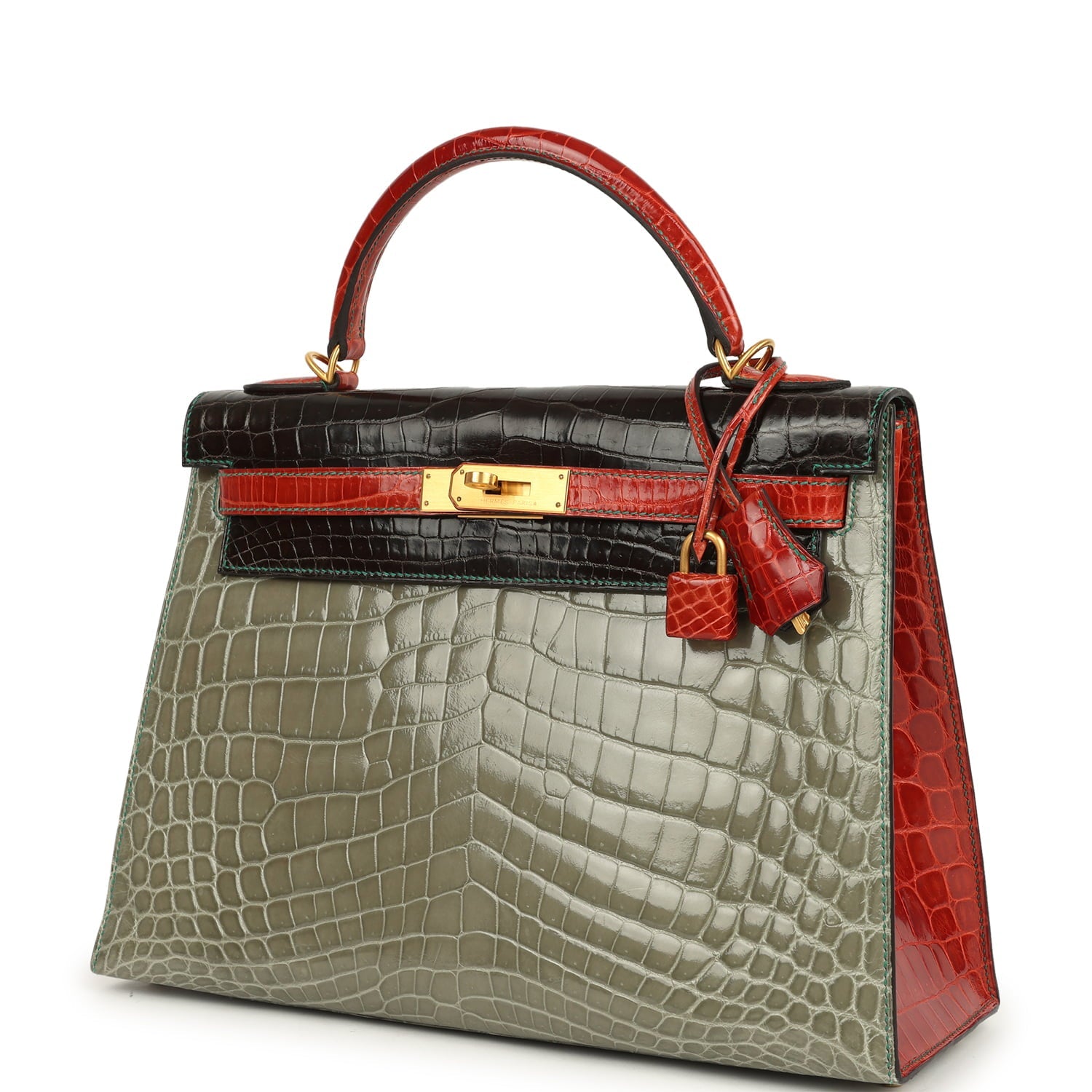 Pre-owned Hermes Special Order (HSS) Kelly Sellier 32 Graphite, Gris Tourterelle and Geranium Shiny Niloticus Crocodile Brushed Gold Hardware