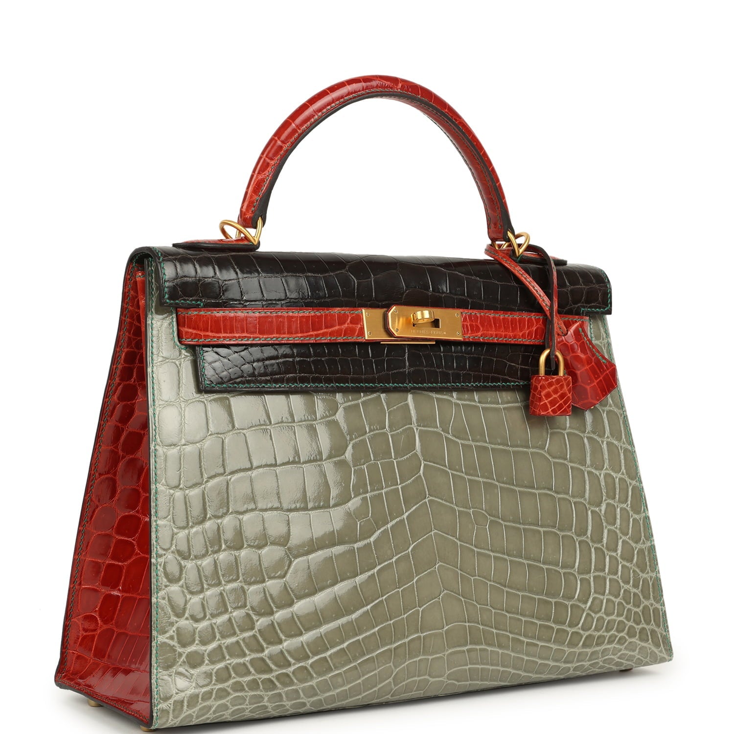 Pre-owned Hermes Special Order (HSS) Kelly Sellier 32 Graphite, Gris Tourterelle and Geranium Shiny Niloticus Crocodile Brushed Gold Hardware