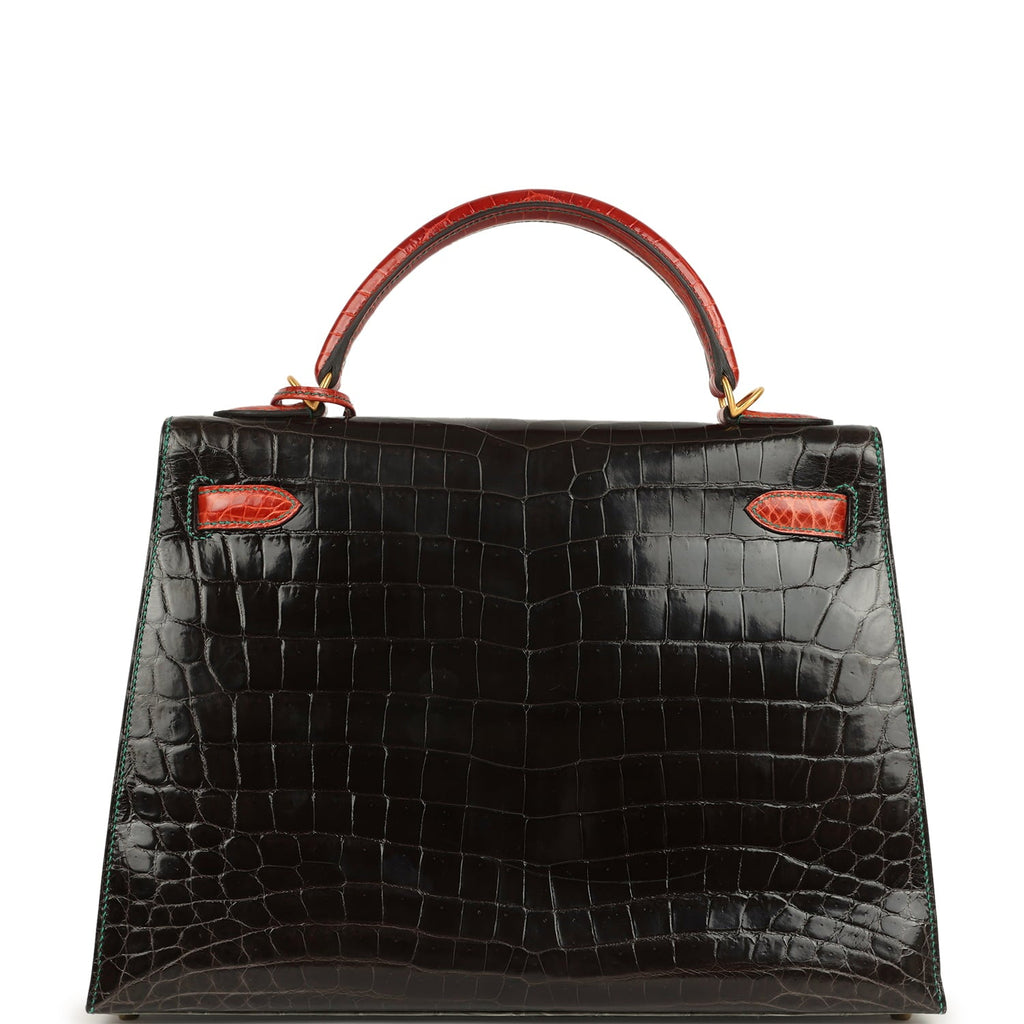 Pre-owned Hermes Special Order (HSS) Kelly Sellier 32 Graphite, Gris Tourterelle and Geranium Shiny Niloticus Crocodile Brushed Gold Hardware