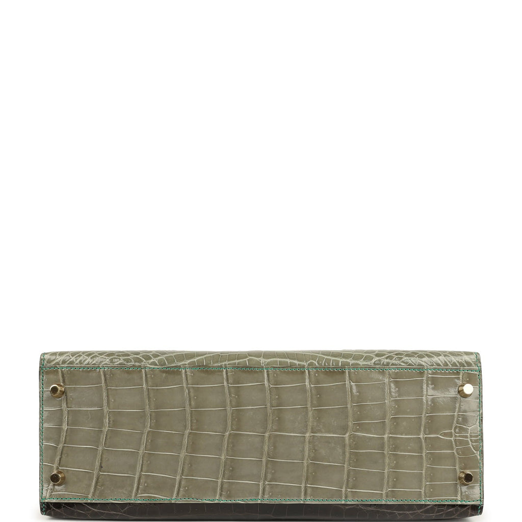 Pre-owned Hermes Special Order (HSS) Kelly Sellier 32 Graphite, Gris Tourterelle and Geranium Shiny Niloticus Crocodile Brushed Gold Hardware