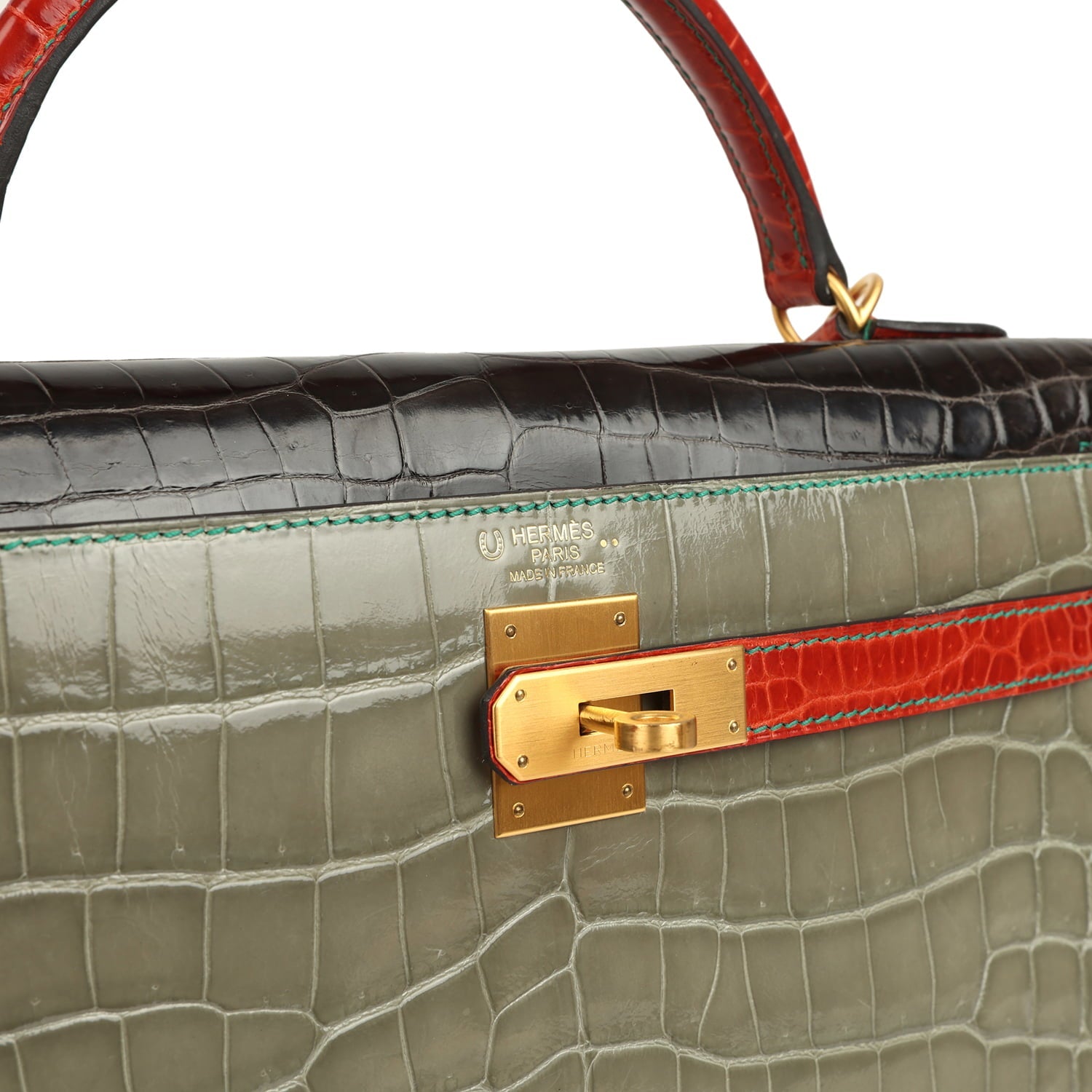 Pre-owned Hermes Special Order (HSS) Kelly Sellier 32 Graphite, Gris Tourterelle and Geranium Shiny Niloticus Crocodile Brushed Gold Hardware