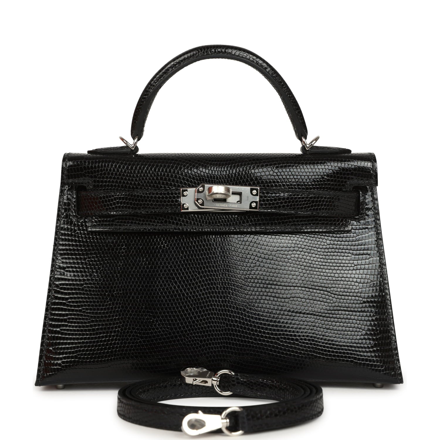 Hermes Kelly Sellier 20 Black Shiny Lizard Palladium Hardware