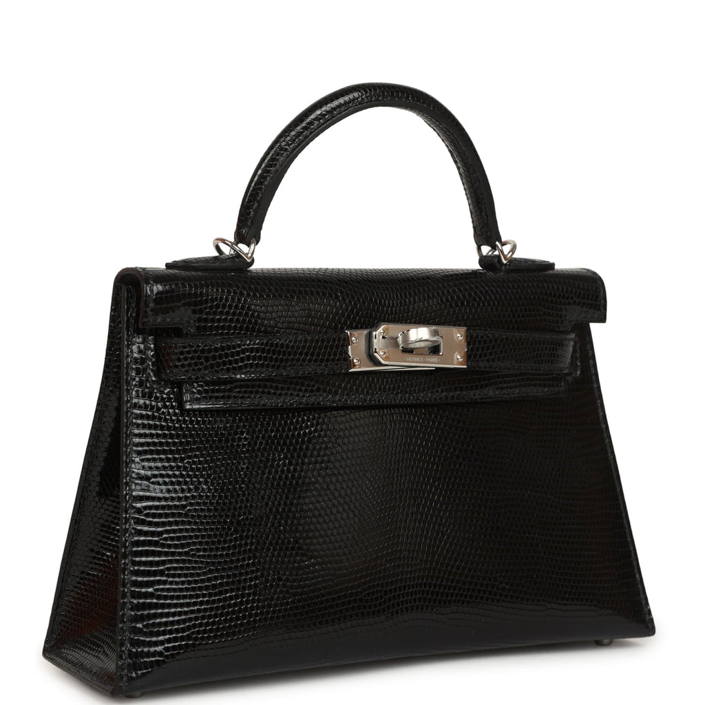 Hermes Kelly Sellier 20 Black Shiny Lizard Palladium Hardware