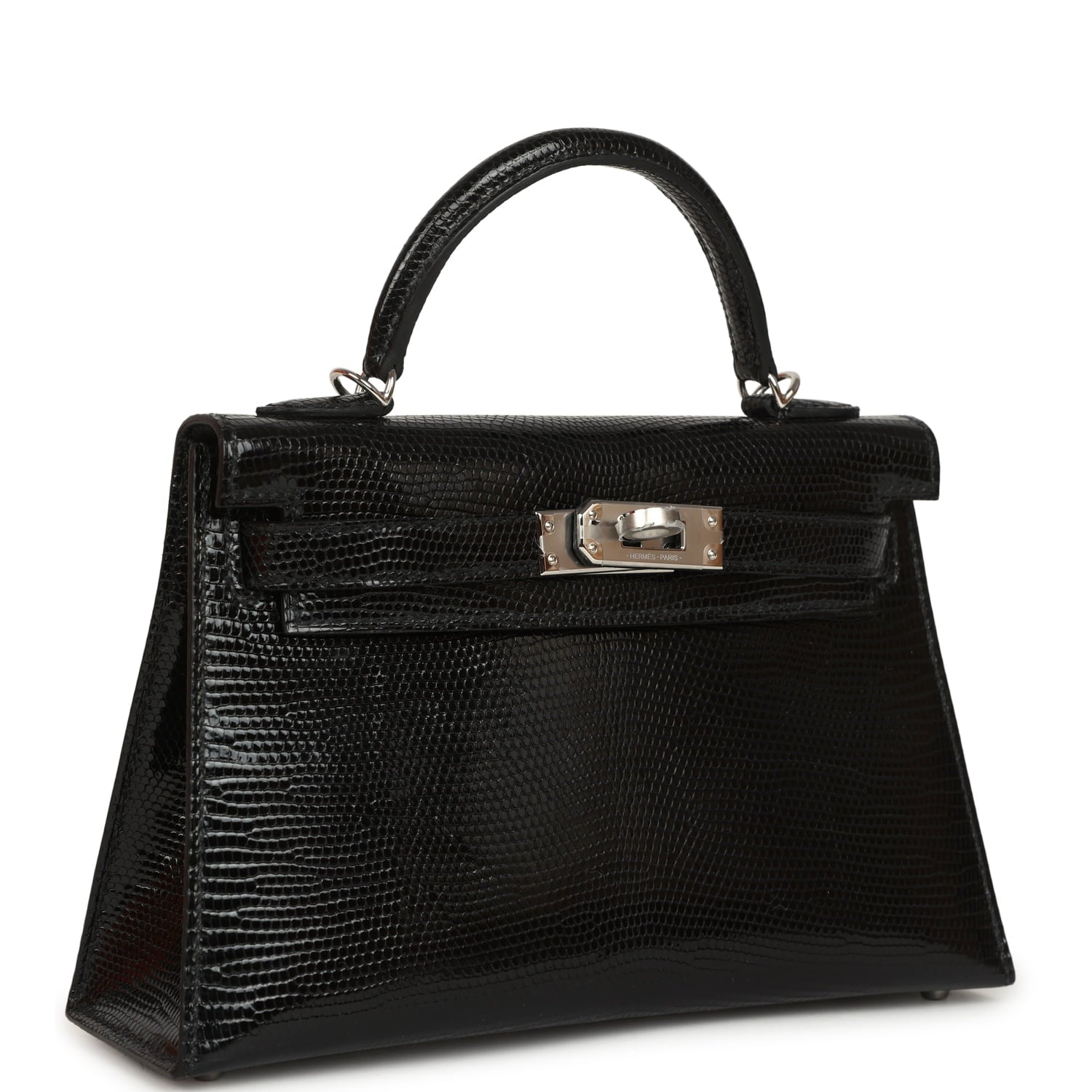 Hermes Kelly Sellier 20 Black Shiny Lizard Palladium Hardware