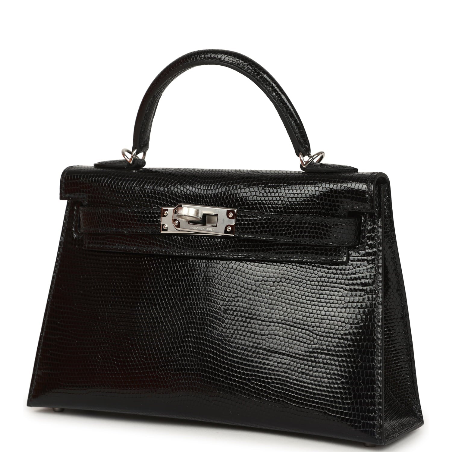 Hermes Kelly Sellier 20 Black Shiny Lizard Palladium Hardware