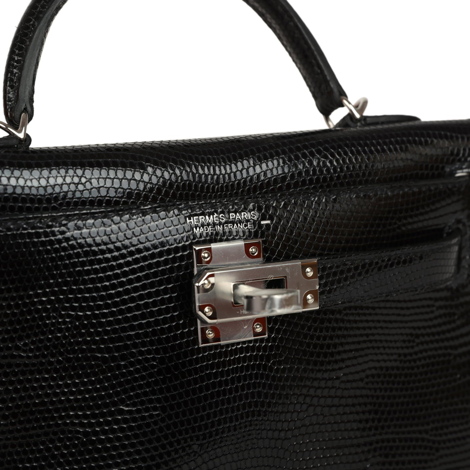 Hermes Kelly Sellier 20 Black Shiny Lizard Palladium Hardware