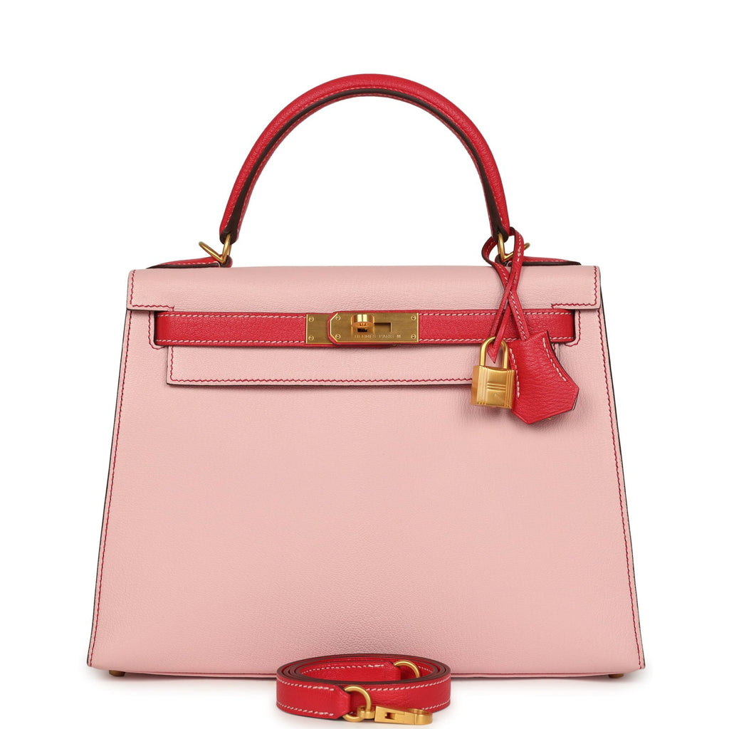 Pre-owned Hermes Special Order (HSS) Kelly Sellier 28 Rose Sakura and Rose Extreme Chevre Brushed Gold Hardware