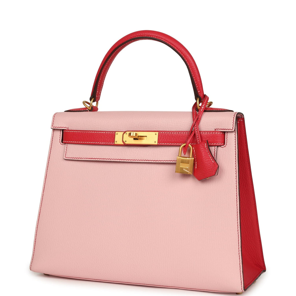 Pre-owned Hermes Special Order (HSS) Kelly Sellier 28 Rose Sakura and Rose Extreme Chevre Brushed Gold Hardware