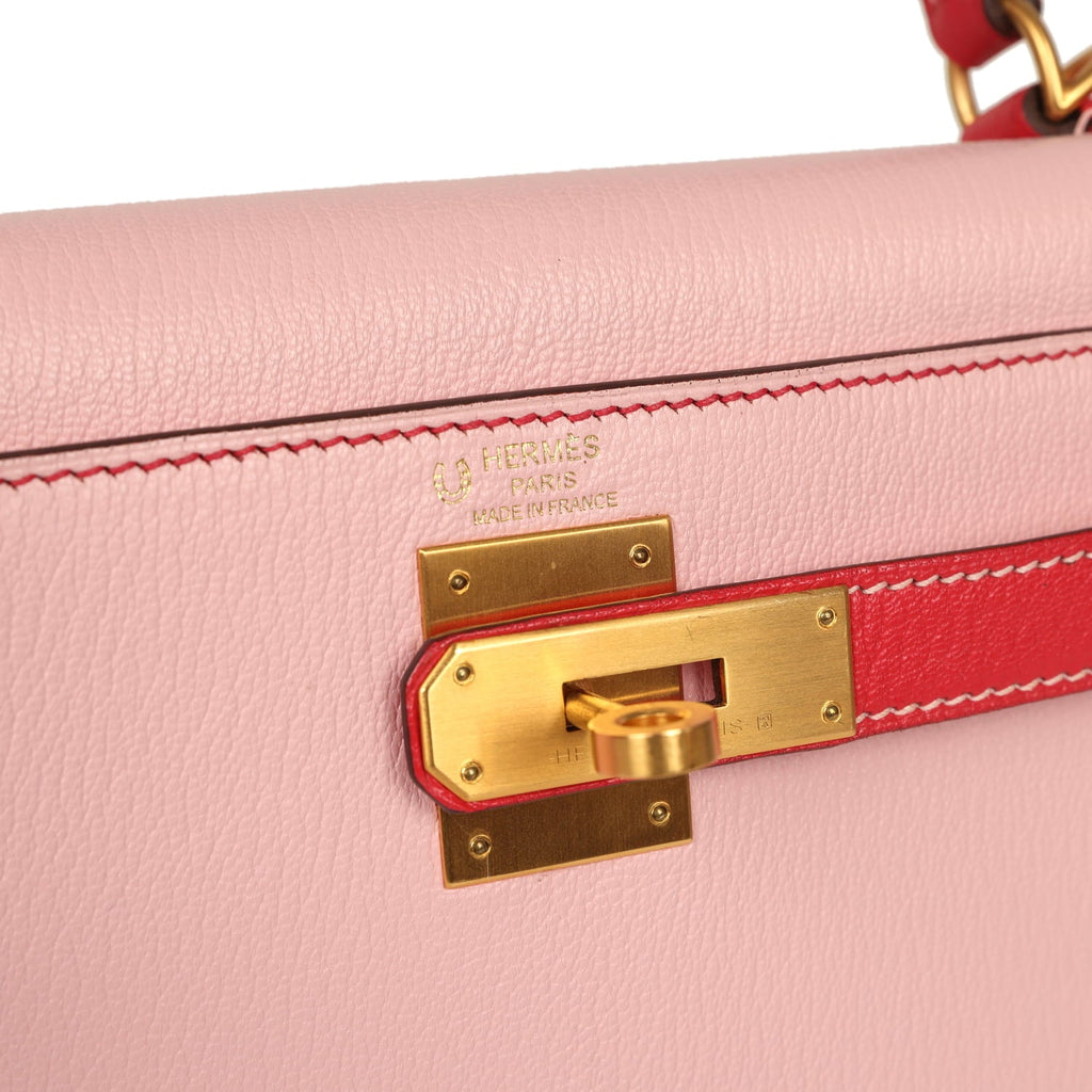 Pre-owned Hermes Special Order (HSS) Kelly Sellier 28 Rose Sakura and Rose Extreme Chevre Brushed Gold Hardware