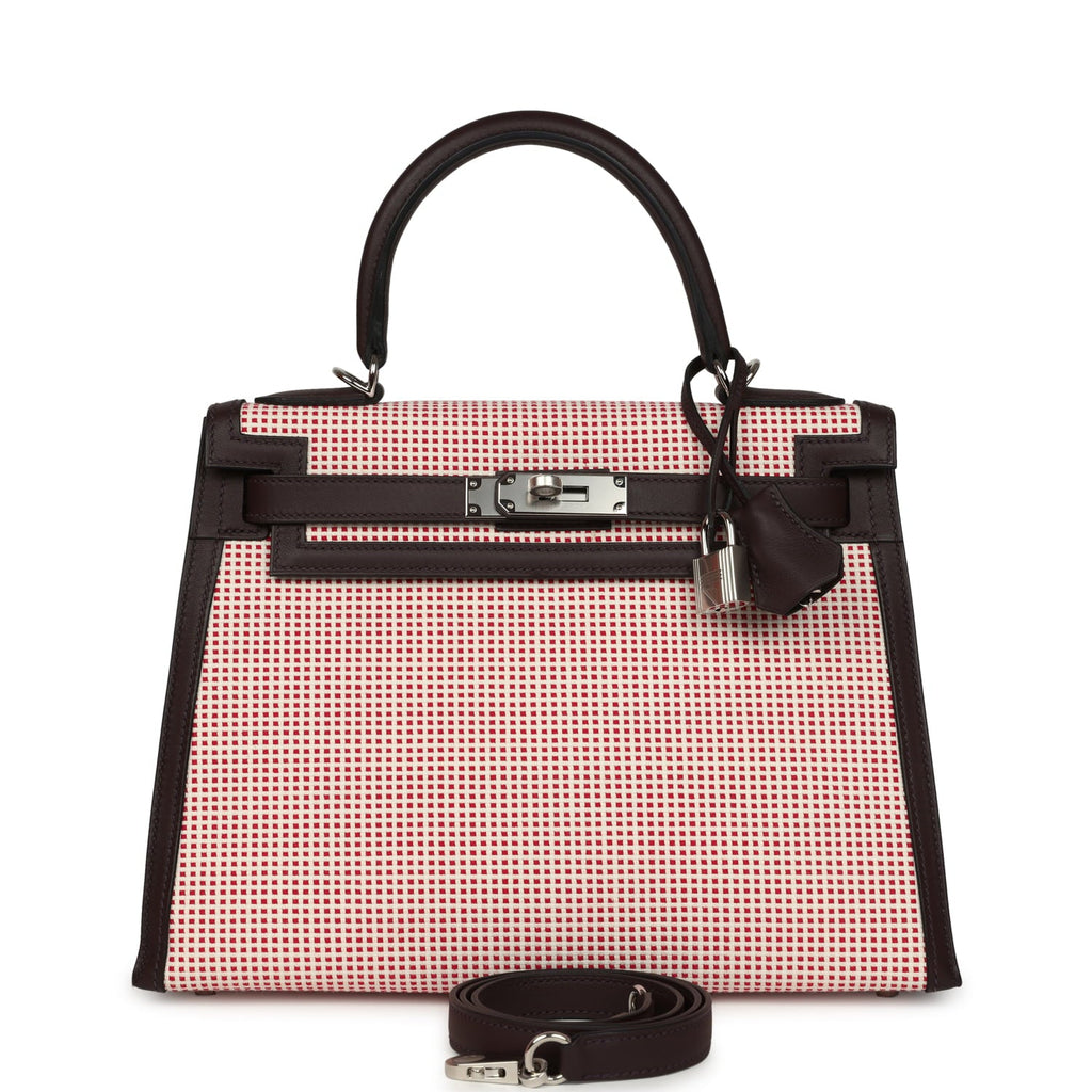 Hermes Quadrille Kelly Sellier 28 Rouge Sellier Swift and Ecru, White and Fambroise Toile Palladium Hardware