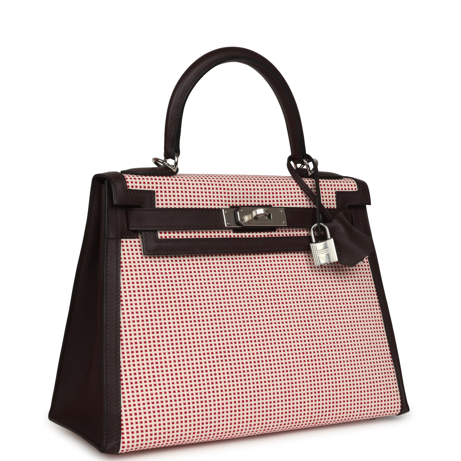 Hermes Quadrille Kelly Sellier 28 Rouge Sellier Swift and Ecru, White and Fambroise Toile Palladium Hardware