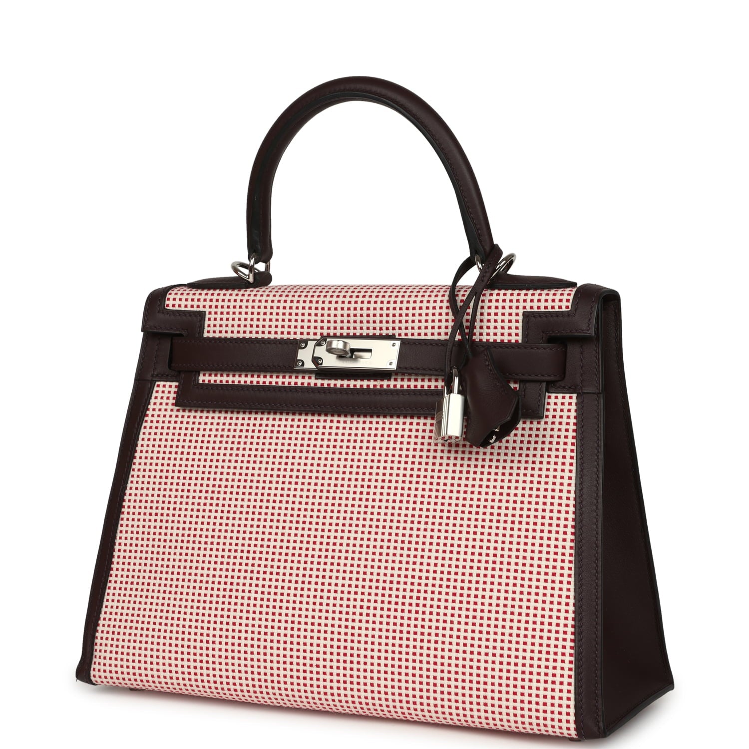 Hermes Quadrille Kelly Sellier 28 Rouge Sellier Swift and Ecru, White and Fambroise Toile Palladium Hardware