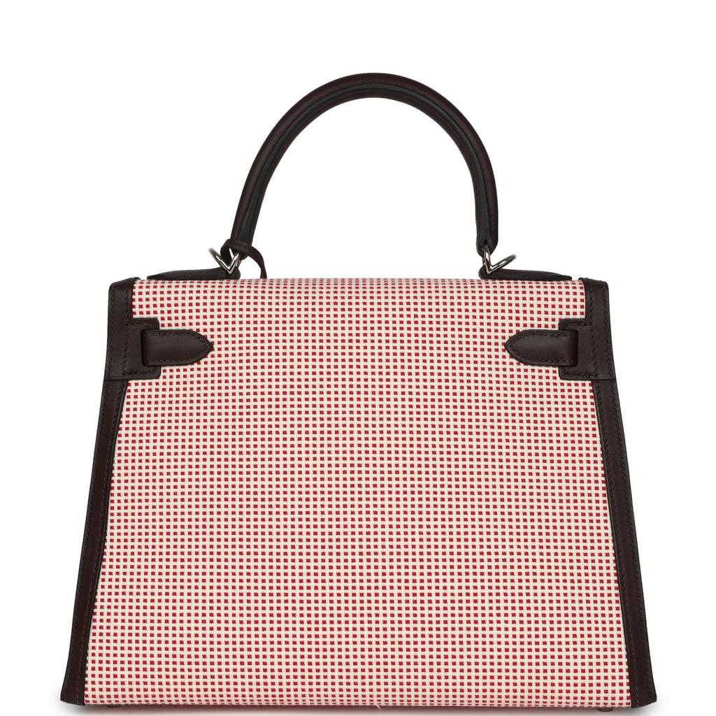 Hermes Quadrille Kelly Sellier 28 Rouge Sellier Swift and Ecru, White and Fambroise Toile Palladium Hardware